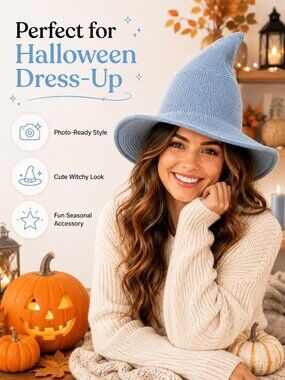 🎃 Unisex Sky Blue Wool Knitted Masquerade Cosplay Costume Halloween Witch Hat